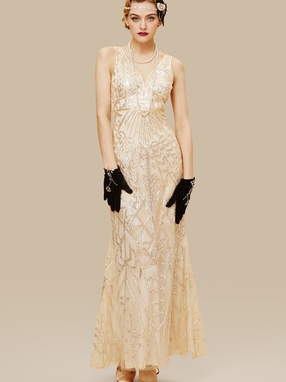 Babeyond art deco/flapper Gold Beaded V-Neck Maxi Dress L